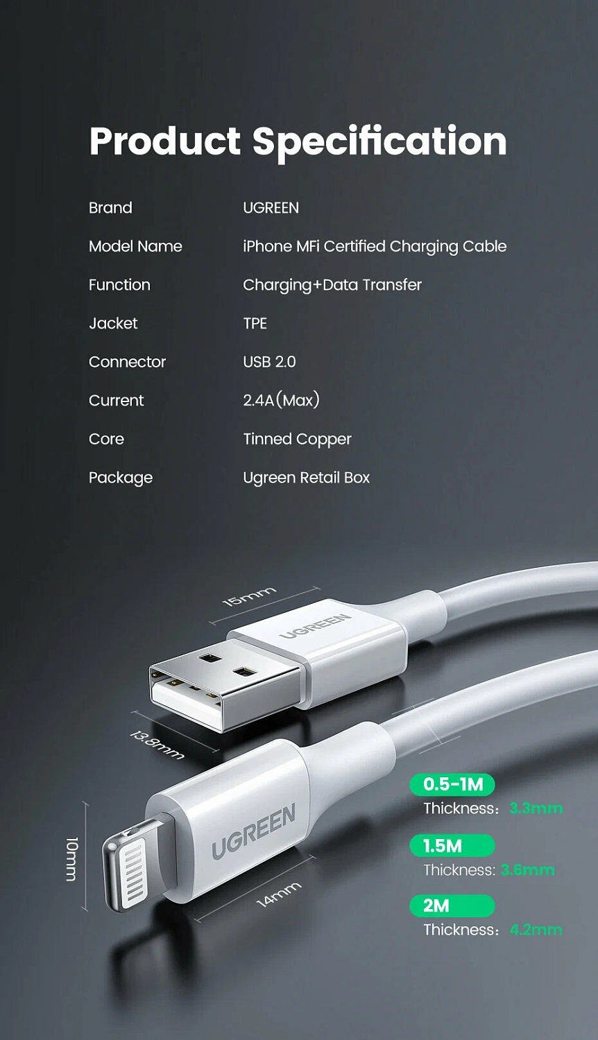 20730 Кабель UGREEN US155 USB-Lightning, цвет: белый, 2M